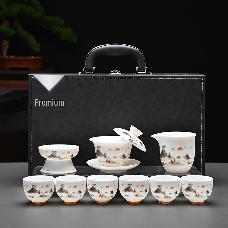 Kung Fu Mutton Fat Jade Gaiwan Teapot Set - Gold-Painted Luxury Tea Set