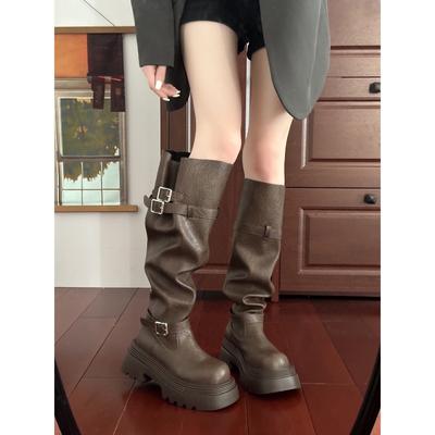 Thick-soled Brown Tall Pile Boots Female Skinny Western Cowboy Two Wear Long Knight Boots