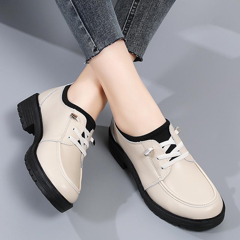 New Autumn and Winter Mid-heel Genuine Leather Casual Lazy Leather Shoes Black Thick-heeled Work Shoes Versatile Thick-soled Women's Shoes