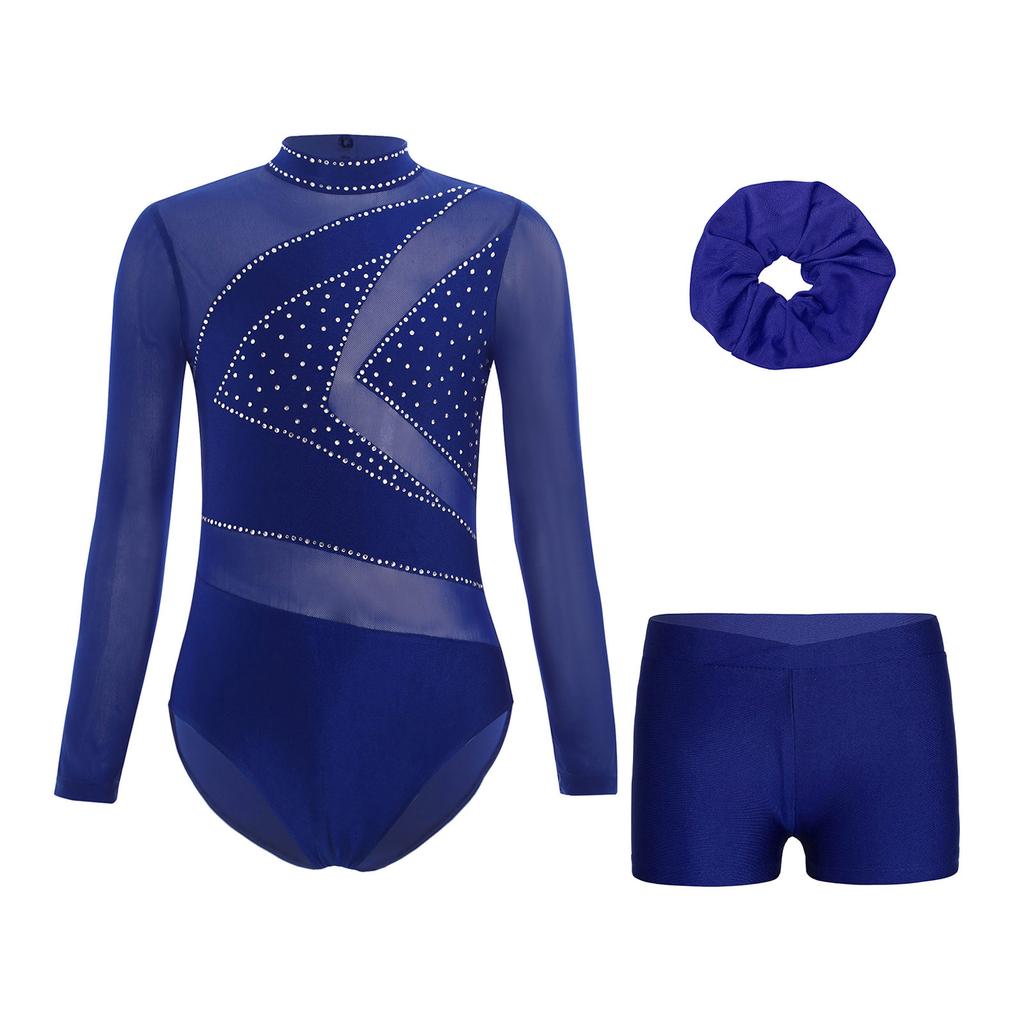Girls Mesh Long Sleeve Cutout Back Sparkly Rhinestone Leotard V Front Waistband Shorts Hairband Gymnastics Set
