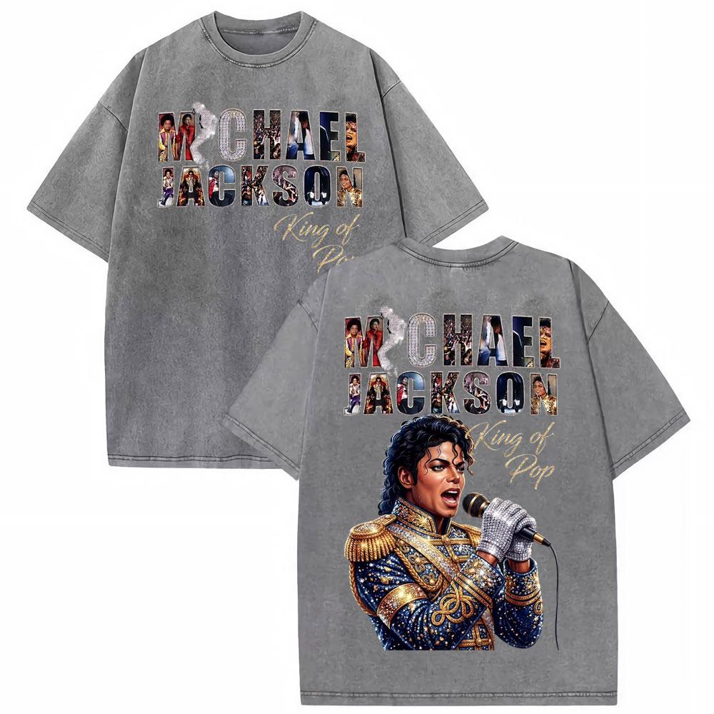 Michael Jackson King of Pop MJ Vintage Washed T-Shirt Herren Damen High Street Gothic Klassisches T-Shirt Sommer Oberteile Hip Hop T-Shirt