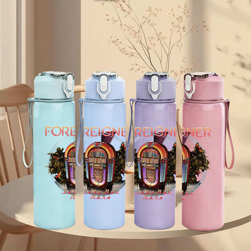 1PC Foreigner vintage building print 750ml colorful plastic sports water bottle leakproof pop up lid with straw for outdoor work home use