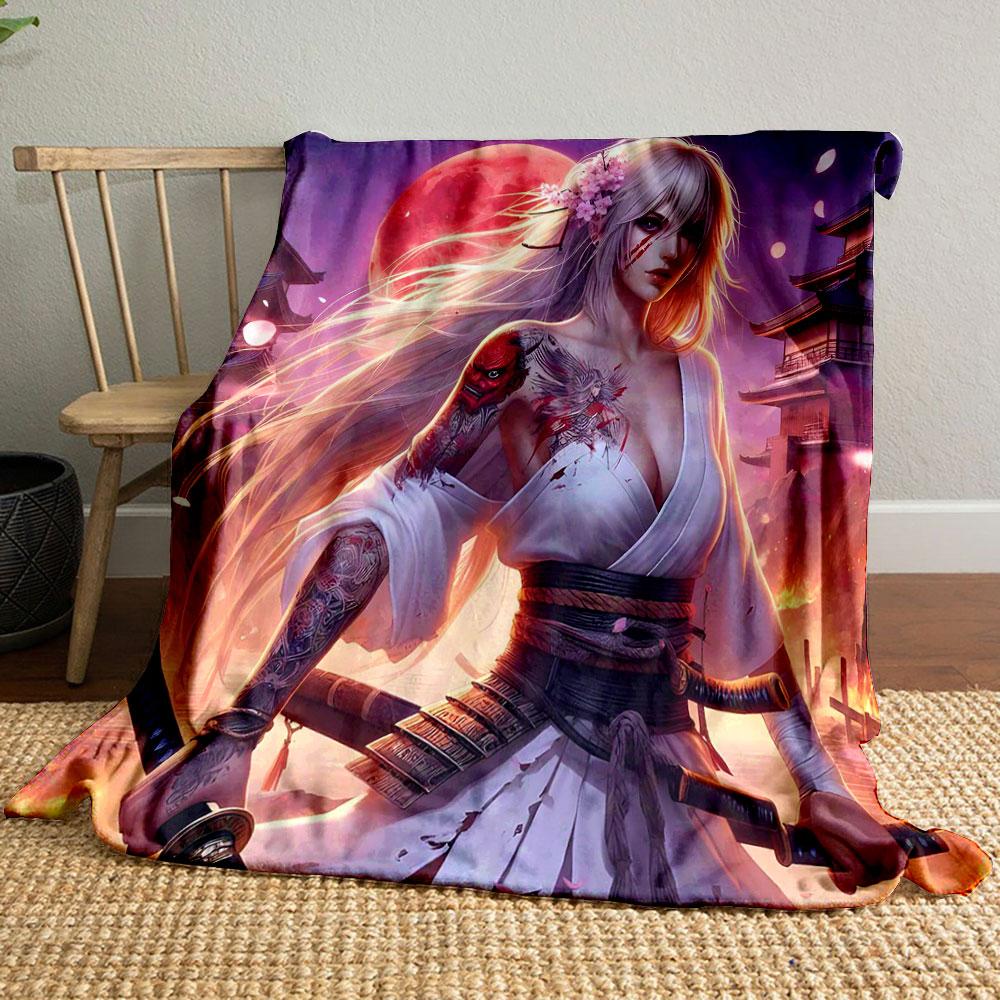 Samurai Woman Under Red Moon Print Blanket Soft and Cozy Perfect for the Living Room Bed Sofa or a Nap,gift