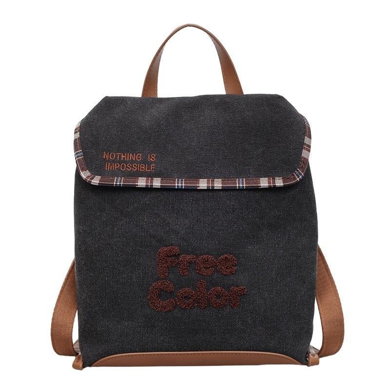 Canvas Backpack with Embroidered Text and Plaid Trim for Casual Everyday Use чёрный