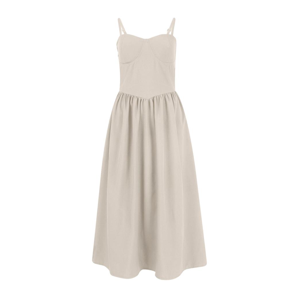 Women's Summer A-Line Midi Dress Sleeveless Spaghetti Strap Slim Fit Waist Casual Dress
