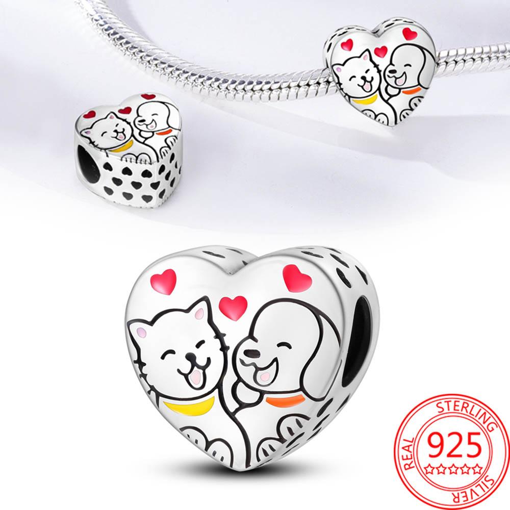 Heart Beads Cute Dog Cat Charms Copper Fit Original Pan Bracelet Diy Pet Paw Print Animal Beads For Bangle Making Fine Gift