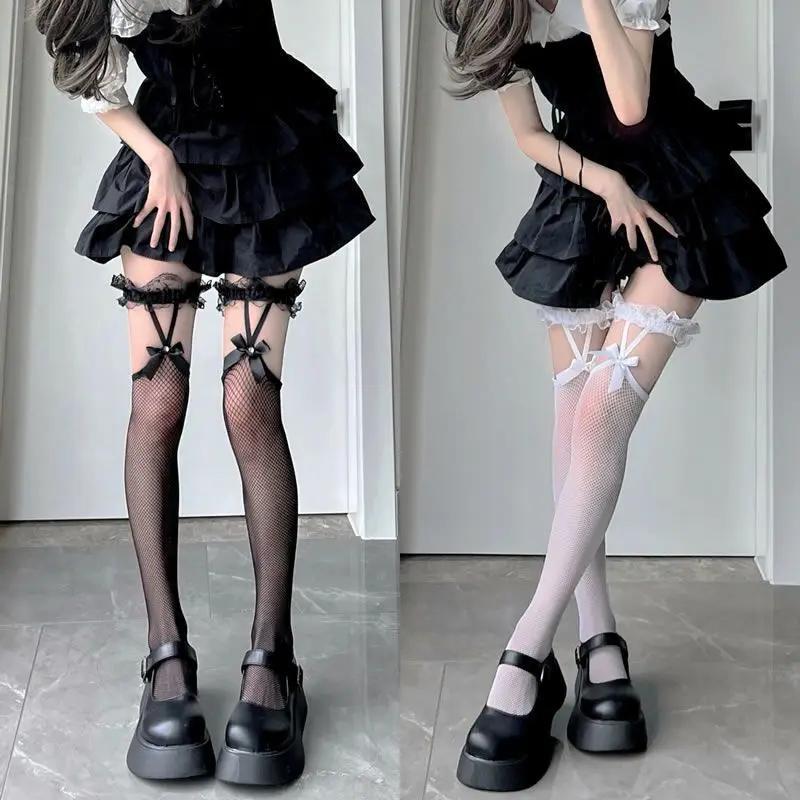 2 Pair Women Y2K Harajuku JK Long Socks Goth Mesh Stockings Lolita Style Cosplay Girl Sexy Knee Bowknot Thigh High Stockings