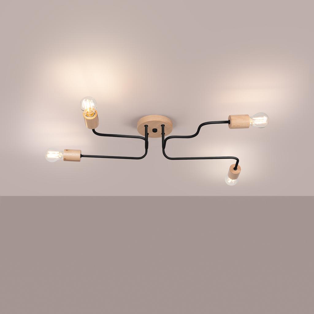 Black Industrial Ceiling Lamp With Wooden Elements For Living Room Bedroom 4Xe27 15W Timbo Sollux Lighting