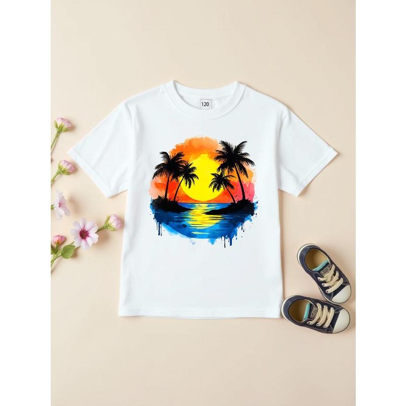 Европейские размеры Мальчишеская футболка с графическим принтом «Тропический остров, закат» - Ярко-желтая футболка с пальмами и закатом, эластичная мягкая ткань для пляжного отдыха 104cm