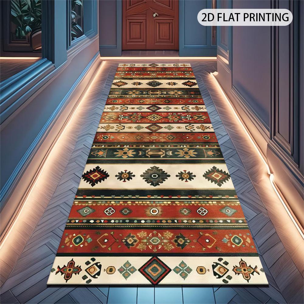 1Pcs Bohemian Style Geometric Floral Pattern Non-Slip Washable Area Rug Runner for Entryway, Living Room, Bedroom & Patio
