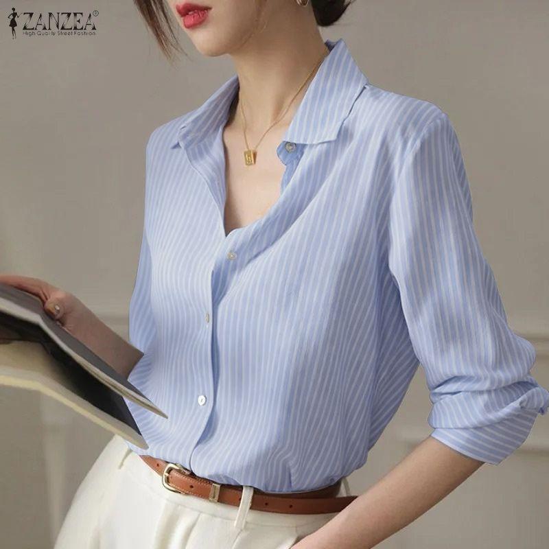 ZANZEA Women Daily Casual 3/4 Sleeve Loose Commute Stripe Blouse