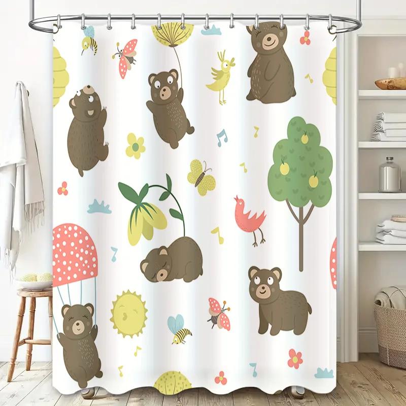 Whimsical Bears Butterflies Shower Curtain Cute Kids Bathroom Decor with Pastel Colors
