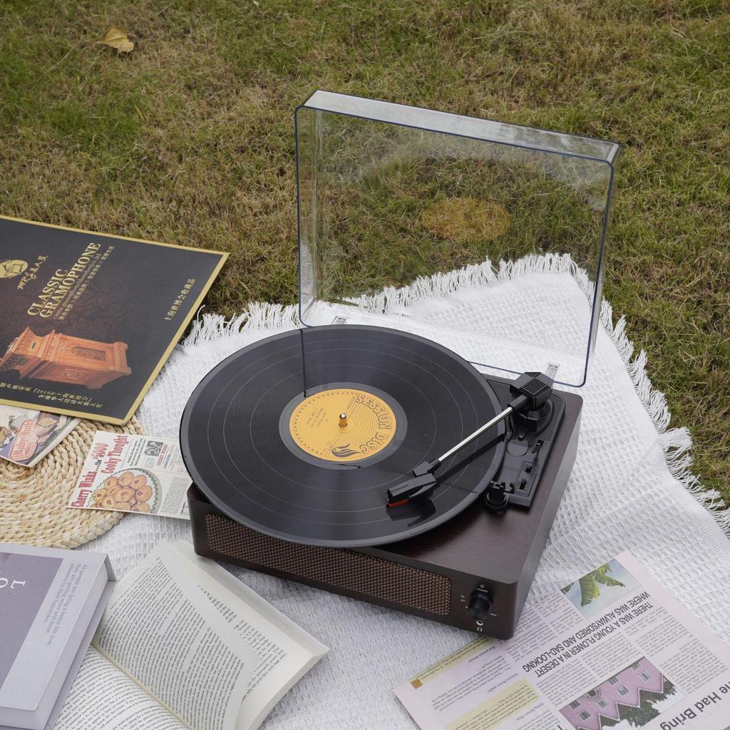 Retro Wooden Gramophone European Style Bluetooth Speaker with Lid for Vinyl Records