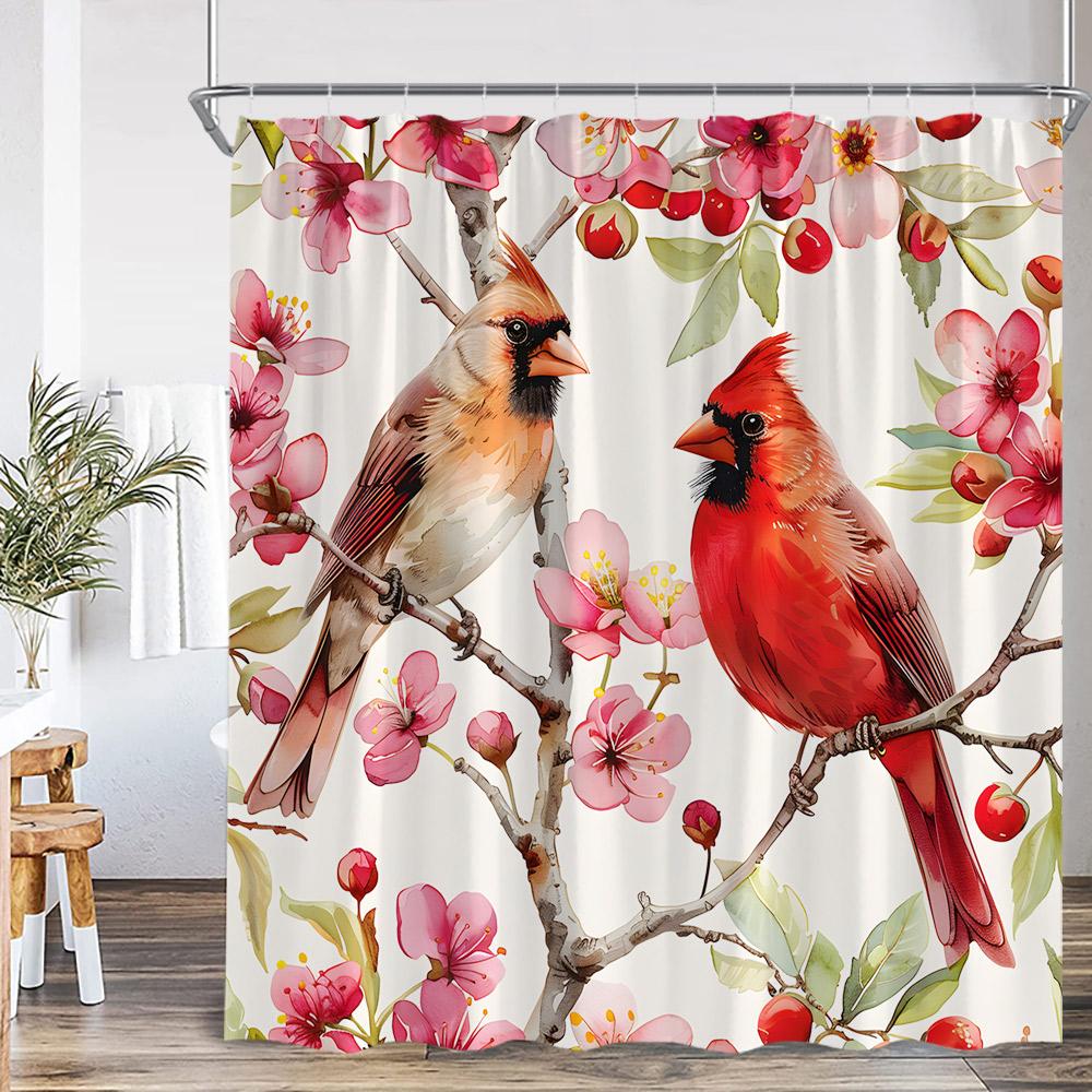 Red Birds Shower Curtain Pink Blossom Flower Branches Red Fruits Aimal Print Bathroom Decor Polyester Fabric Bathtub Curtain