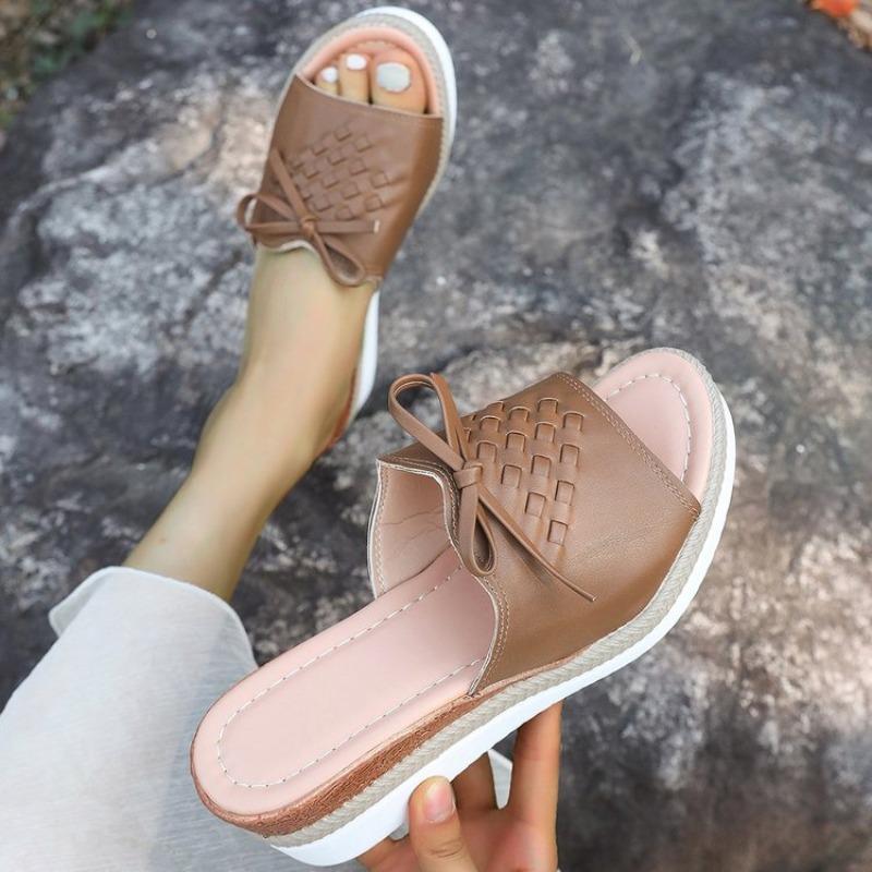 

New Style Wedge Heel Shoes Large-sized Fish-mouth Casual Wedge Heel Thick Slippers 43 бежевий