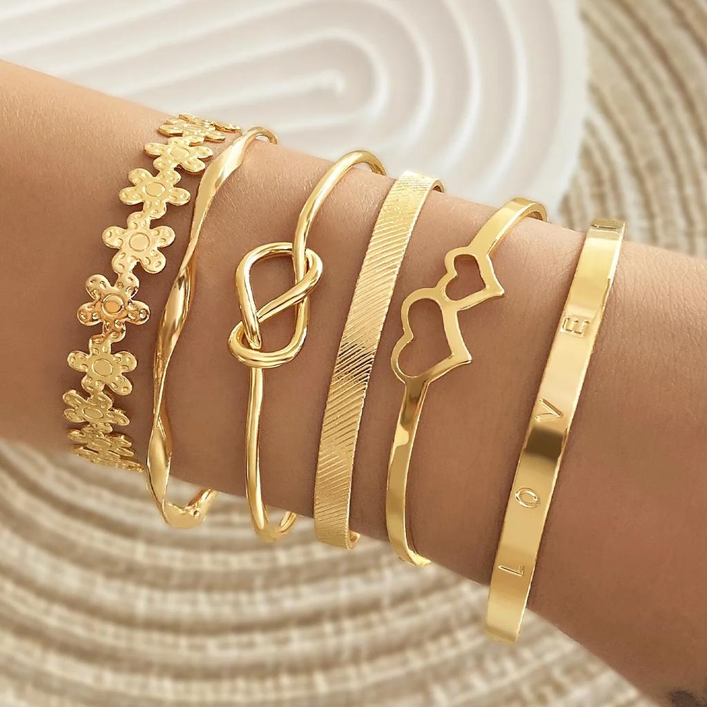 6Pcs/Set Punk Vintage Simple Gold Color Arrow Rhombus Flowers Grain Bracelets for Women Exaggerate Open Mouth Bangles Sets