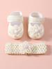 Baby Girls Lace Pearl Rhinestone Bow Crib Shoes & Matching Crochet Headband Set, Soft Dot Anti-Slip Magic Tape Mary Jane Princess Shoes