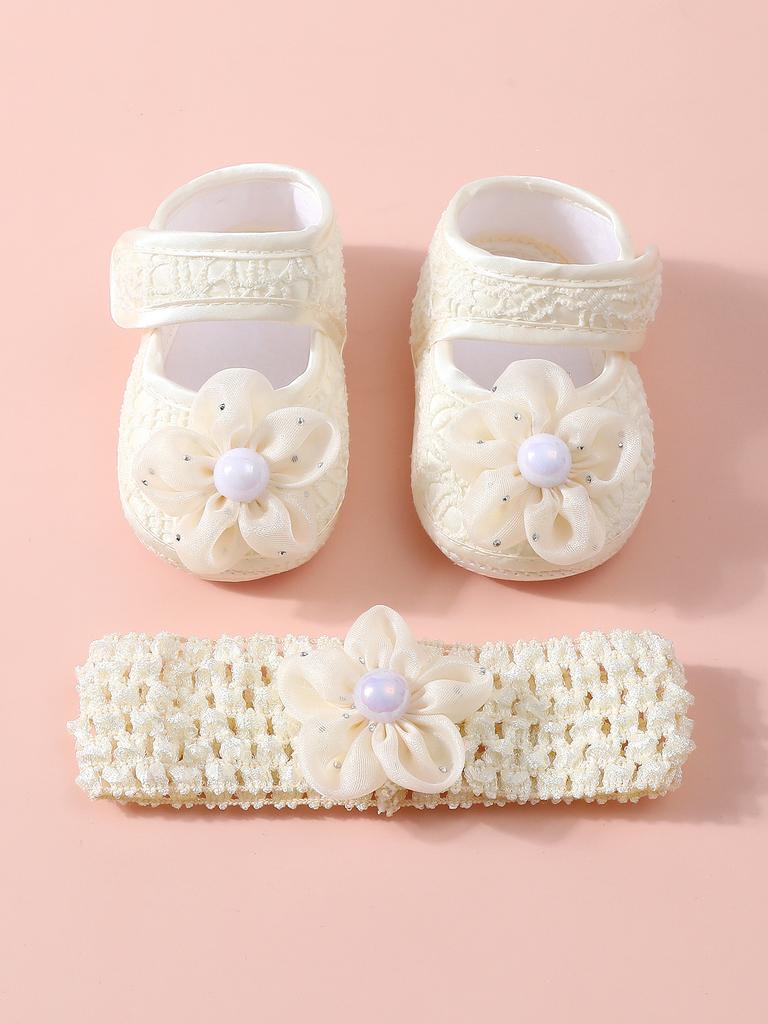 Baby Girls Lace Pearl Rhinestone Bow Crib Shoes & Matching Crochet Headband Set, Soft Dot Anti-Slip Magic Tape Mary Jane Princess Shoes