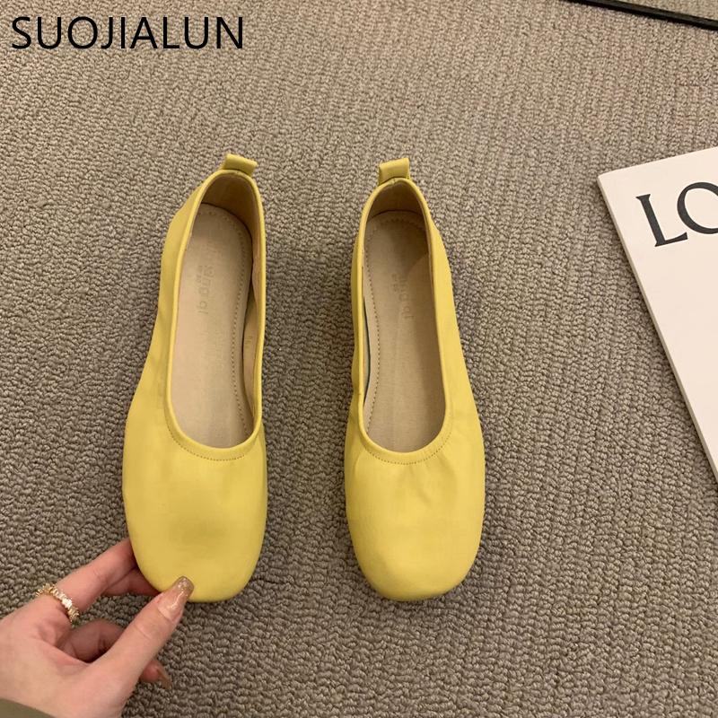Fashion SUOJIALUN 2024 Summer New Women Flat Shoes Fashion Candy Color Ladies Round Toe Shallow Slip On Ballet Flats Soft Ballerinas Sho