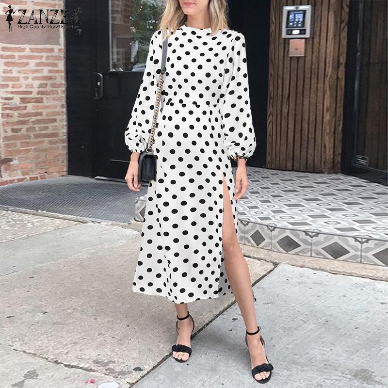 

ZANZEA Горошек Принт Повседневный O-образный вырез Длинный рукав Разделенный подол Женское платье