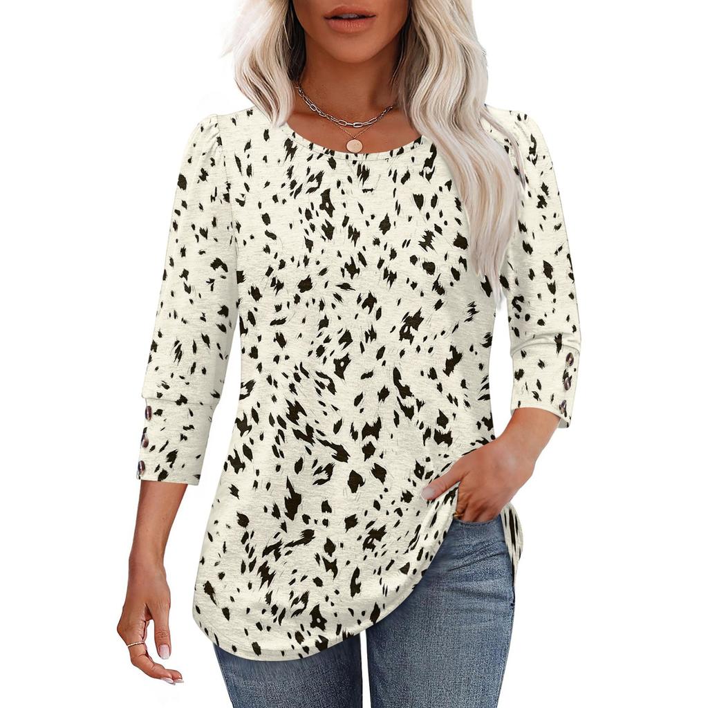 Women's Casual Loose Fit Round Neck Top Three Quarter Sleeve Blouse Lightweight Floral Print Shirt with Button Detail