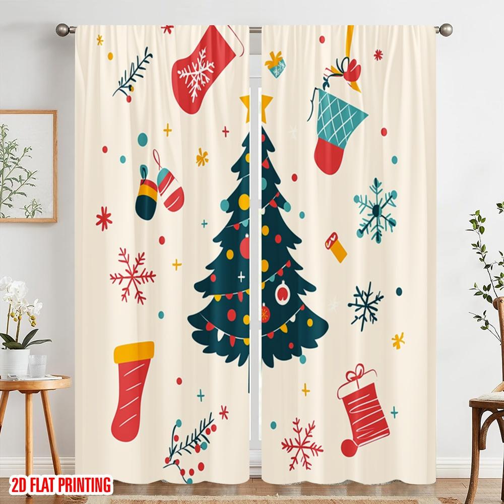 2pcs,2D Plane Printing Light Filtering Curtains Christmas Tree Snowflakes Gifts Versatile 100% Polyester (without Rod) Home
