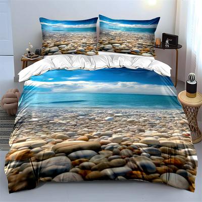 3Pcs Tropical Pebble Beach Bedding Set, Blue Sky And Sea Print Duvet Cover + 2 Pillowcases, Serene Coastal Pattern For Bedroom