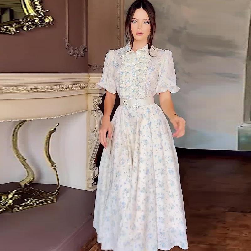 2024 Summer Floral Long Dress with Puff Sleeves & Turn-Down Collar for Women