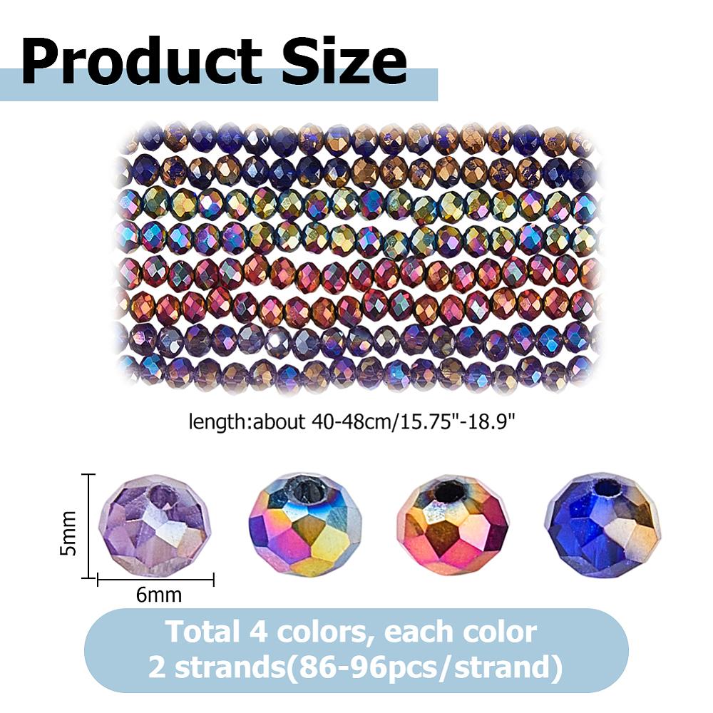 1set 8 Strands 4 Colors Electroplate Glass Beads Strands Rondelle Faceted Mixed Color 6x5mm Hole: 1.2mm about 86~96pcs/strand