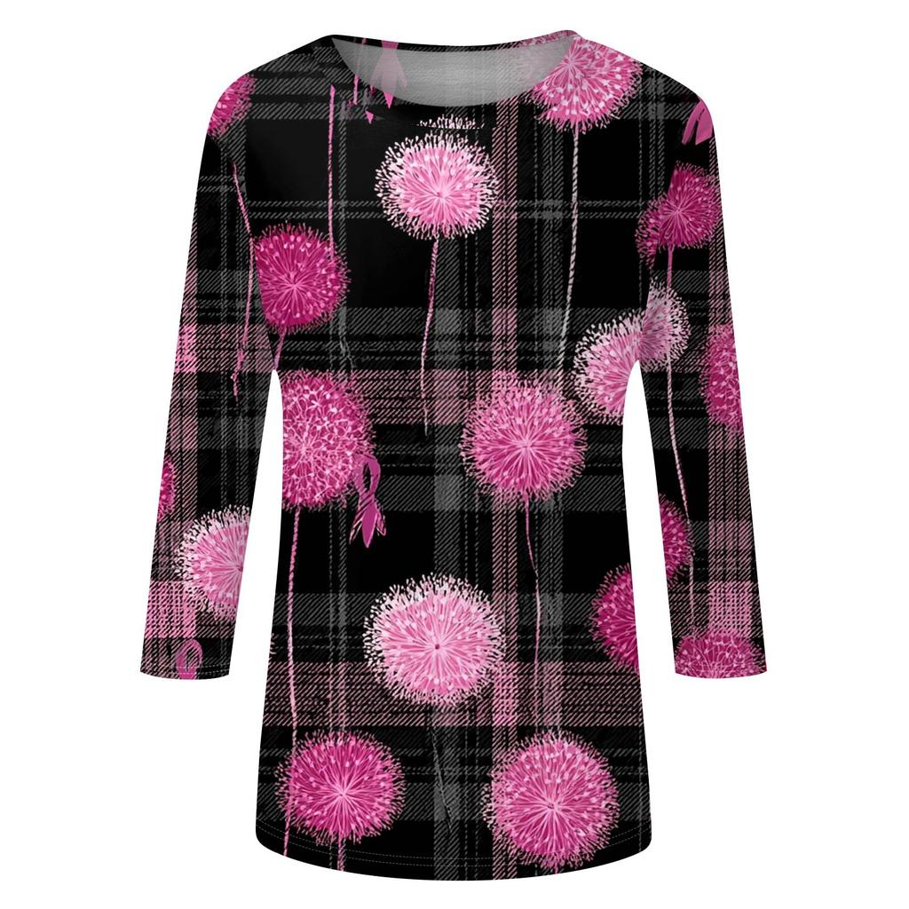 Women's Fashion Casual Seven Split Sleeve Printed Loose Round Neck Top