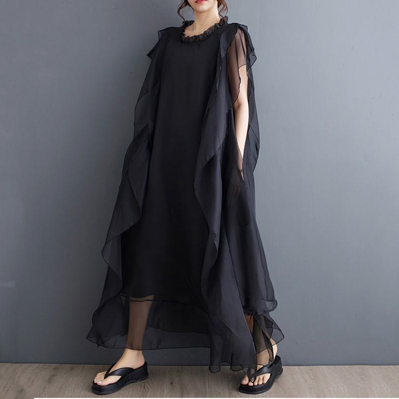 Sleeveless Plus Size Black Mesh Vintage New In Dresses for Women Casual Loose Long Summer Dress