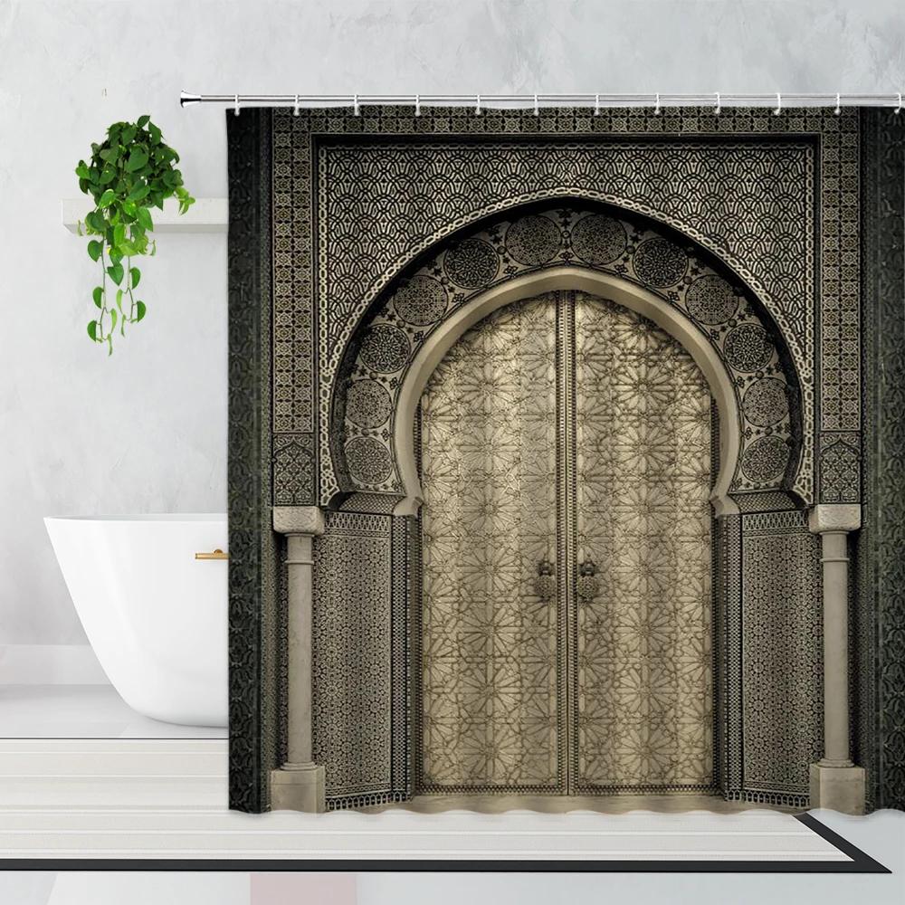 Tenda da Doccia Marocchina 3D Cancello Invecchiato Motivo Geometrico Design Porta d'Ingresso Ingresso Stile Orientale Architettonico Tende da Bagno