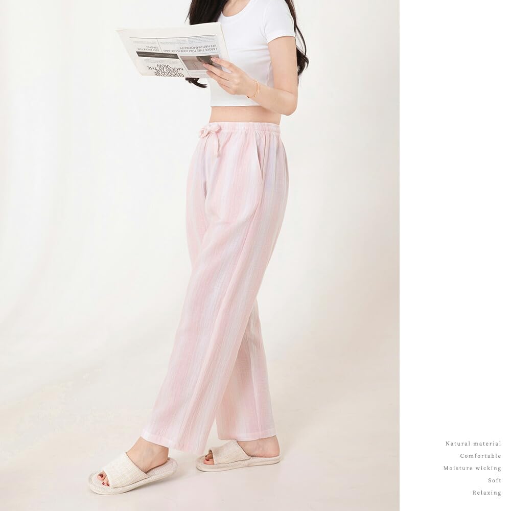 Yes Family Double Gauze Pajama Straight Striped Size Pink Women's Pants, 100% Cotton, Fit, Pattern, M,