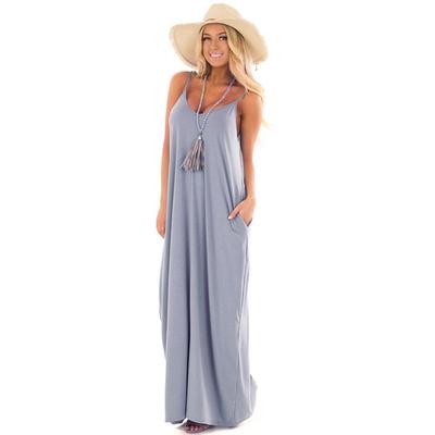 Strap Long Dress Summer Women Loose Sleeveless Pockets Maxi Dress Boho Beach Solid Colors Sundress