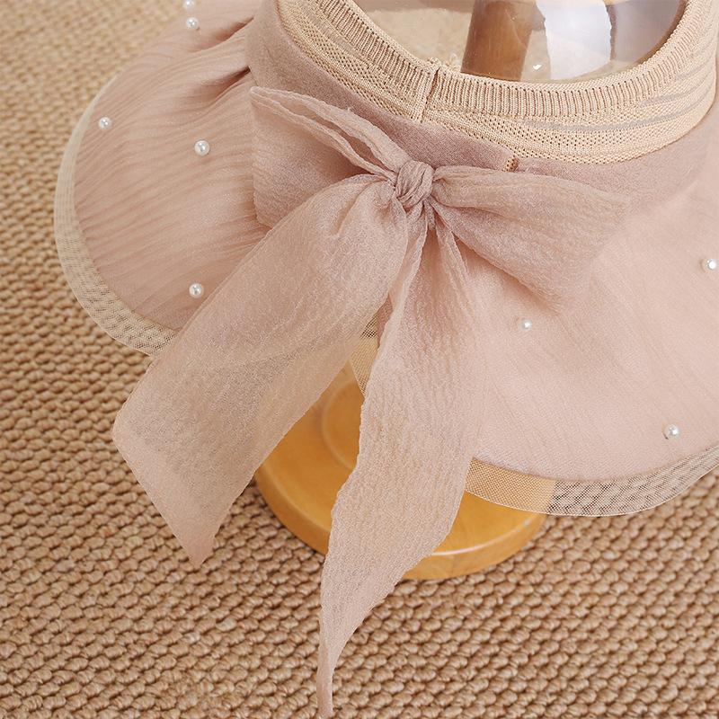 New splicing bow pearl empty top hat women's spring and summer mesh sunscreen hat big brim sweet sunshade sun hat