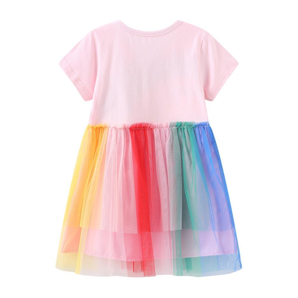 1-7 Years Children's Rainbow Pattern Print Short Sleeved Dress Colorful Mesh Princess Dress Festival Dress