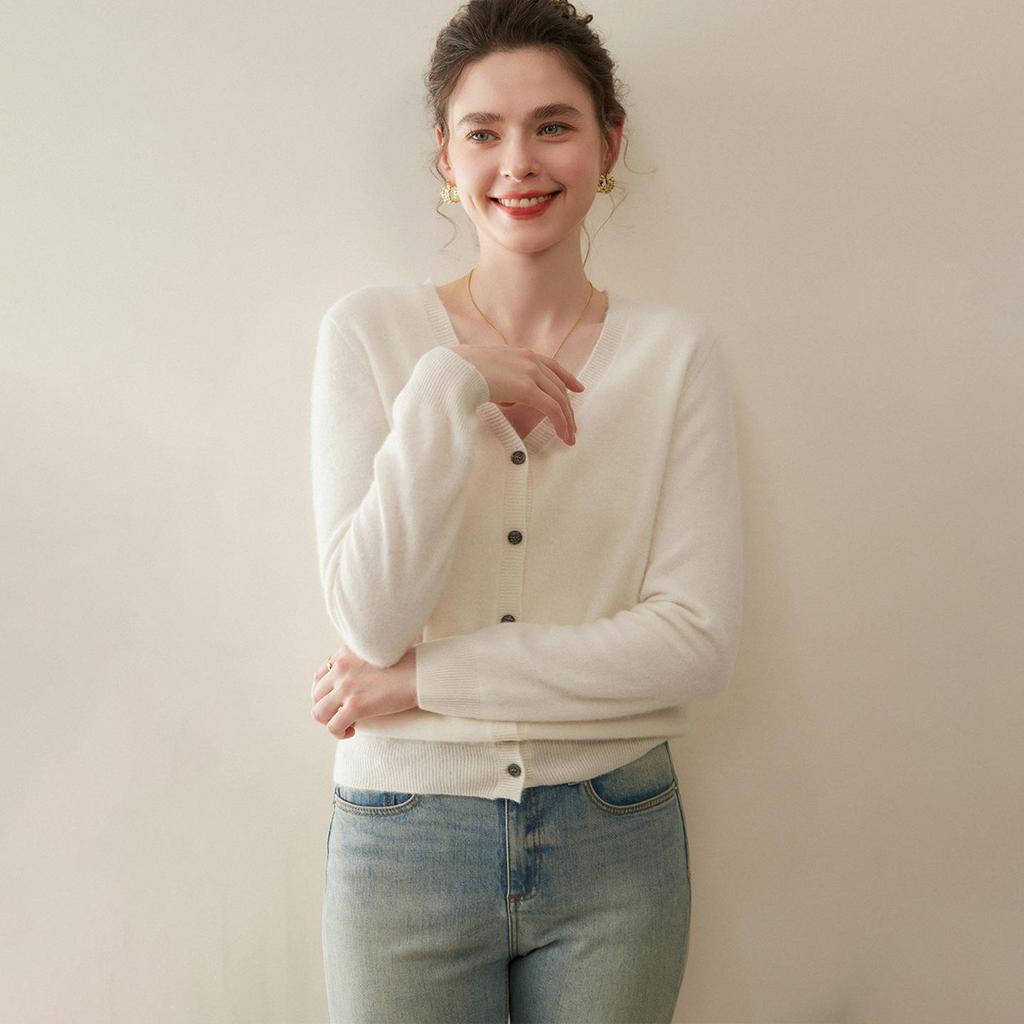 Women's 100% Cashmere V-Neck Cardigan – Autumn Fashion Knit Sweater Coat