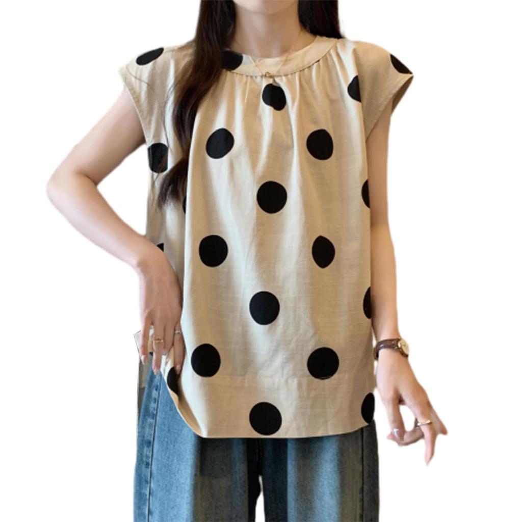 RoyzTocz Short Sleeve Round Neck Blouse with Polka Dots and Summer Plus Women's Slits. Top. Elegant, Size, Fashionable, Casual, Stylish, Slimming,