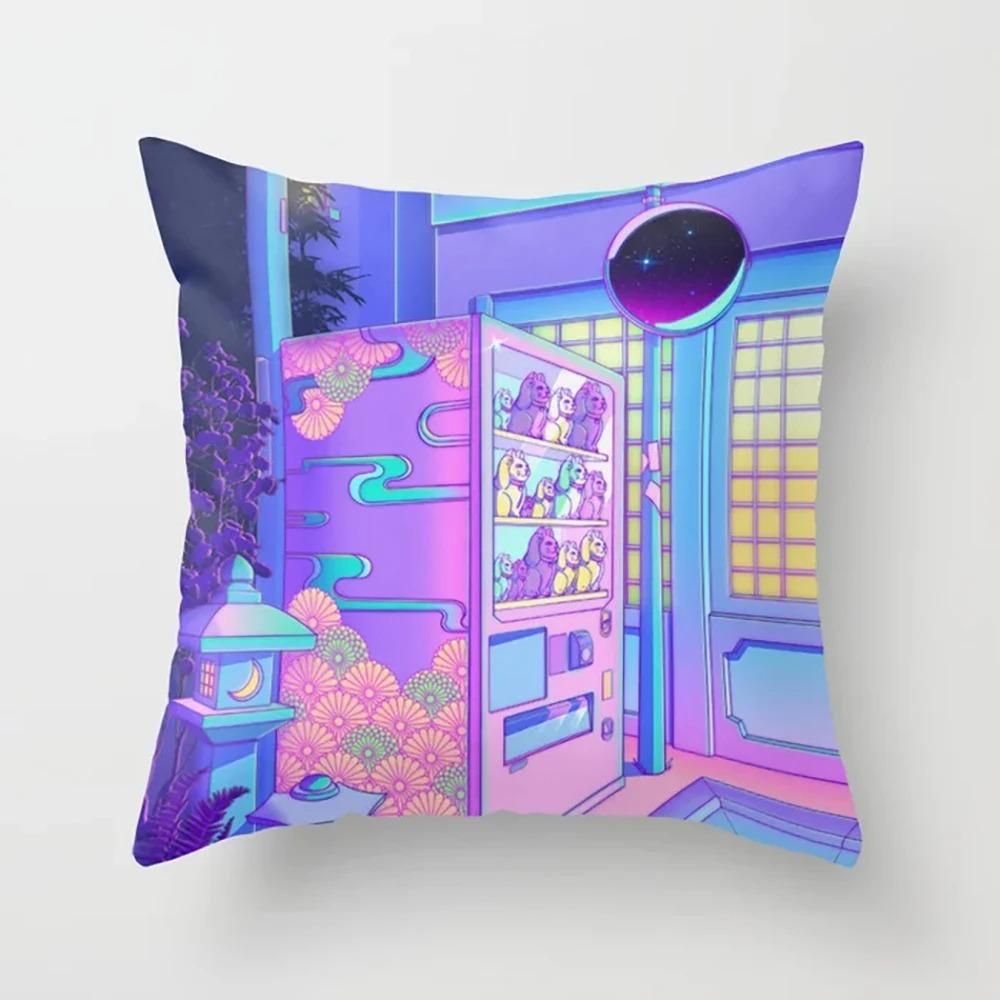 Pink Cartoon City Print Pillowcase Car Ornaments Office Living Room Home Pillowcase