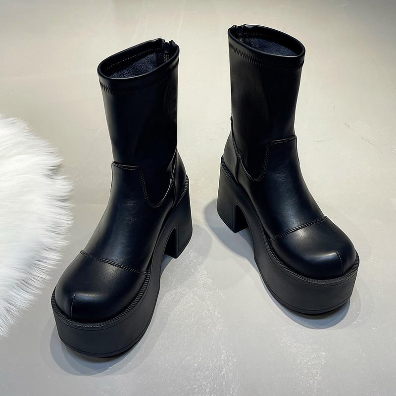 Mode 9CM Hohe Klobige Stiefel Mode Schnürung Dick Absatz Dicke Sohle Motorradstiefel Wasserdichte Plateau Hinterer Reißverschluss Damenschuhe