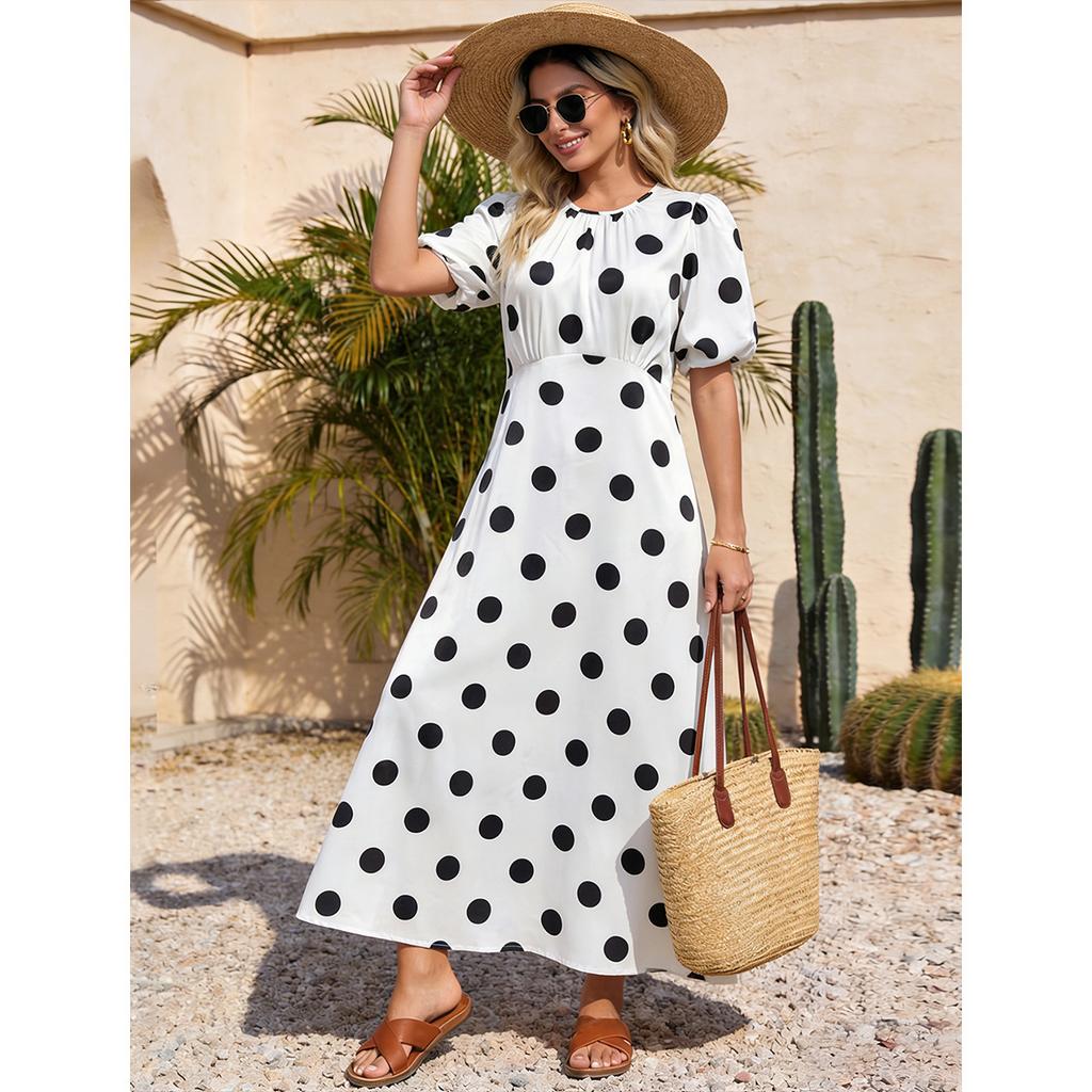 European and American Foreign Trade Summer Explosion Fashion Casual Crew Neck Dress Polka Dot Printing French A-shaped Dress Women