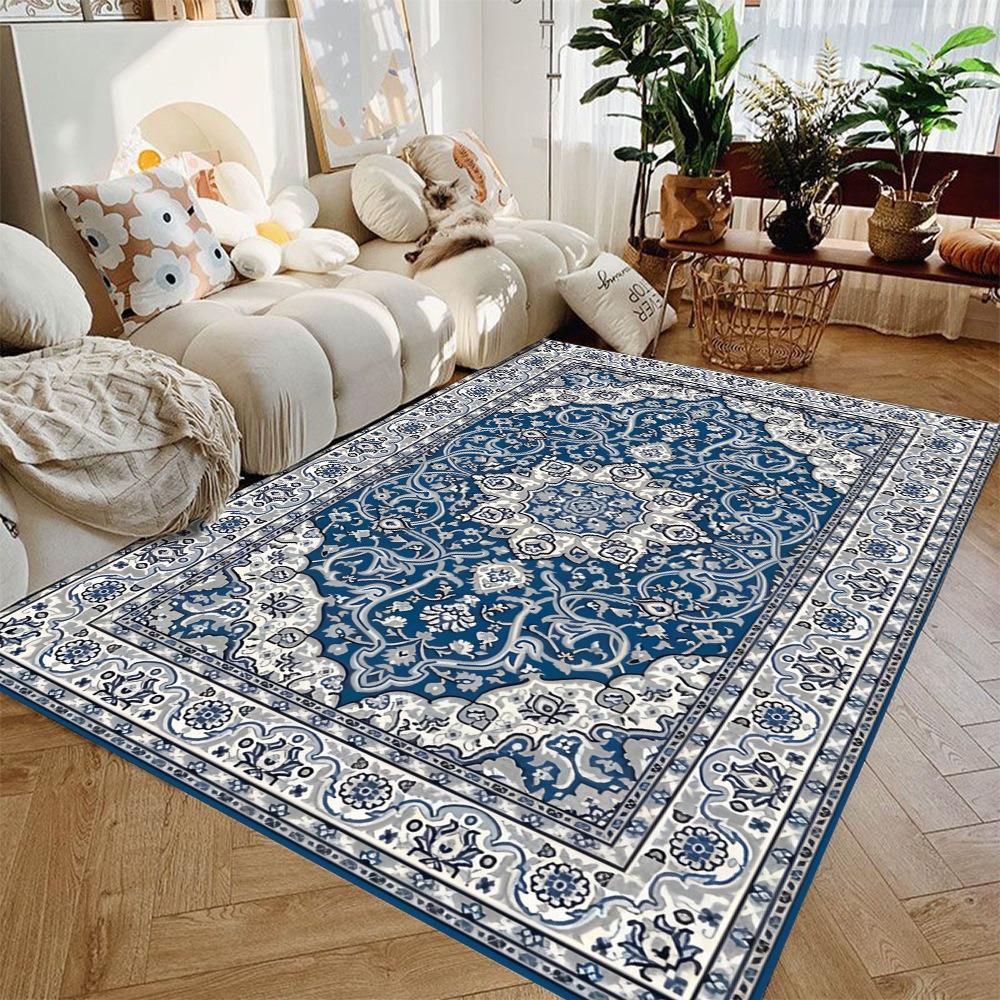 

Vintage Blue Beige Persian Area Rug Oriental Floral Medallion Carpet Boho Traditional Home Decor Soft Non-Slip Floor Mat 40X60CM