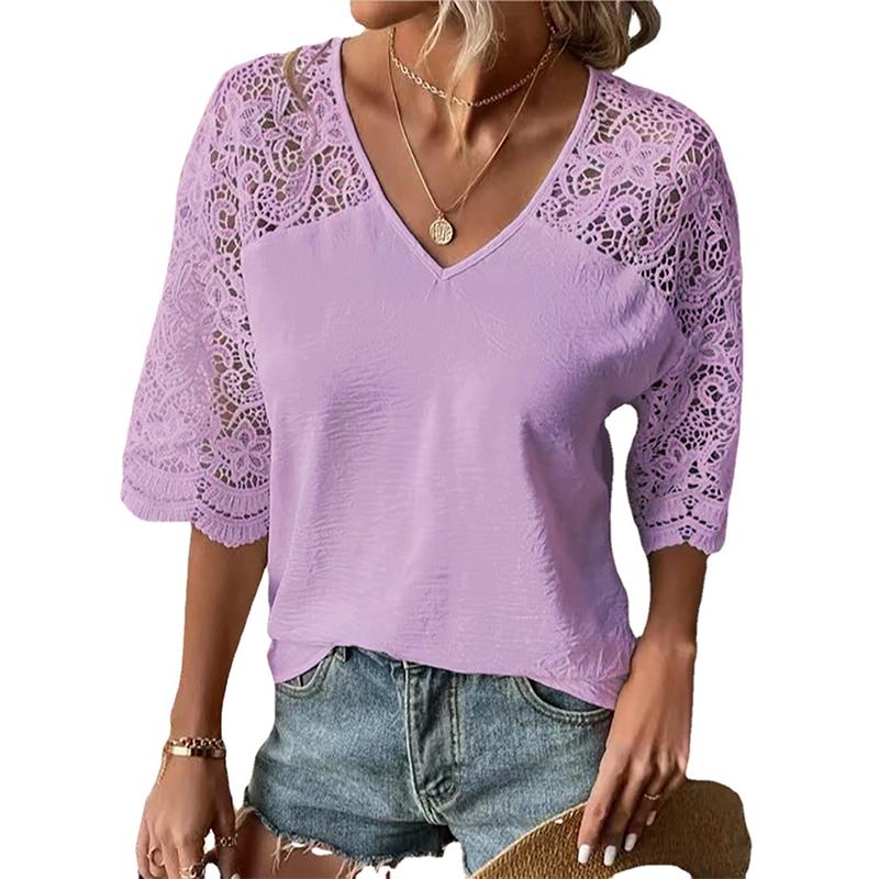 Damen-T-Shirt, Sommer, locker, lässig, V-Ausschnitt, Spitze, hohl, Fünf-Punkt-Ärmel, T-Shirt für Damen