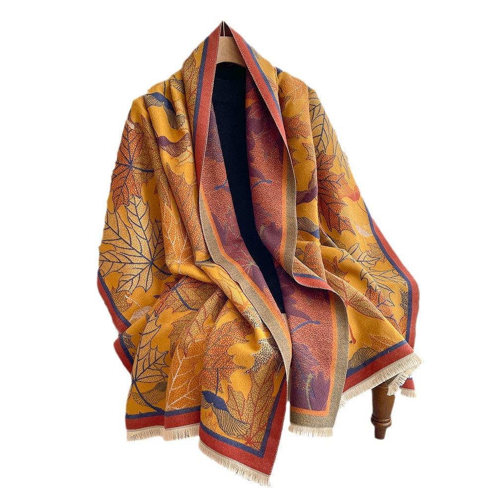 Winter Literary Imitation Cashmere Scarf Women'S Elegant Maple Leaf Printing Scarf Thickened Warm And Windproof Versatile Shawl