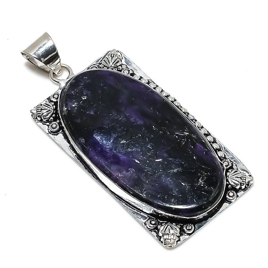 Natural Russian Charoite Gemstone 925 Sterling Silver Gift Pendant 2.64" y6H14