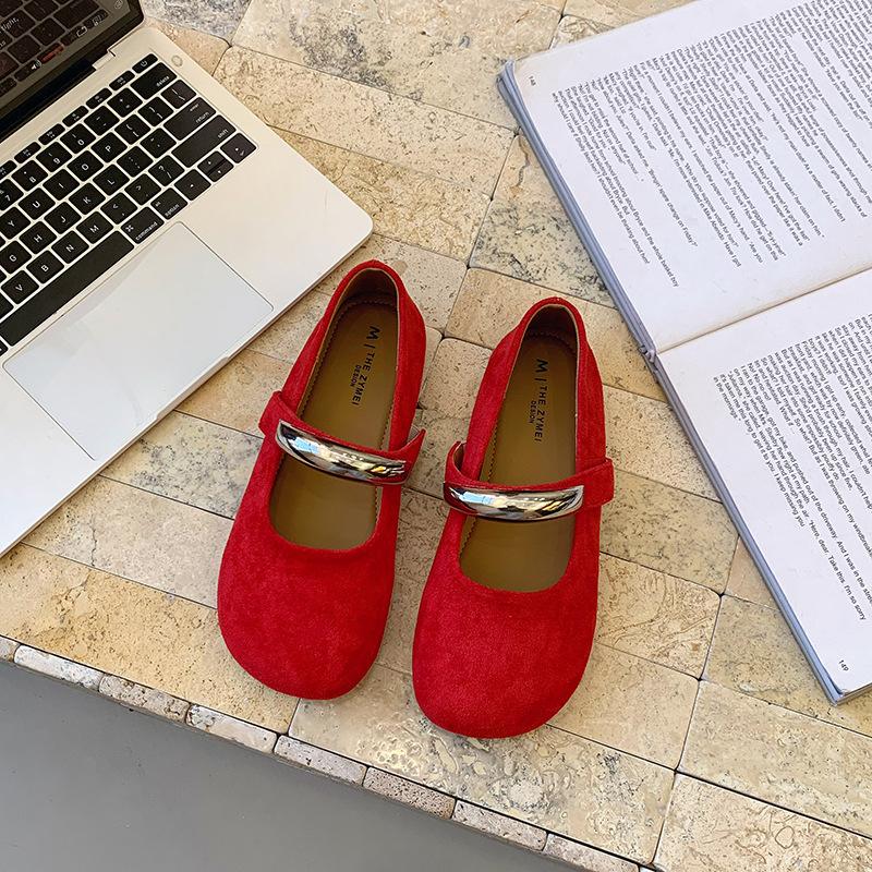 

2025 new metal round head flat bottom not tired feet Mary Jane single shoes Doudou shoes women s spring and autumn Hepburn style shoes 35 красный