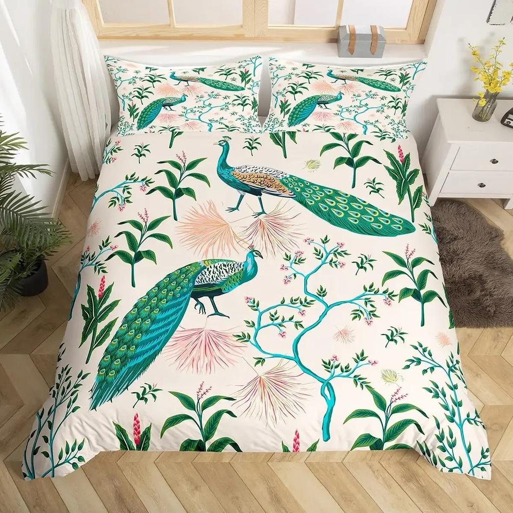 Peacock Duvet Cover Queen Watercolor Feather Bedding Set Bird Animal Floral Print Art Painting Comforter Cover and 2 Pillowcase
