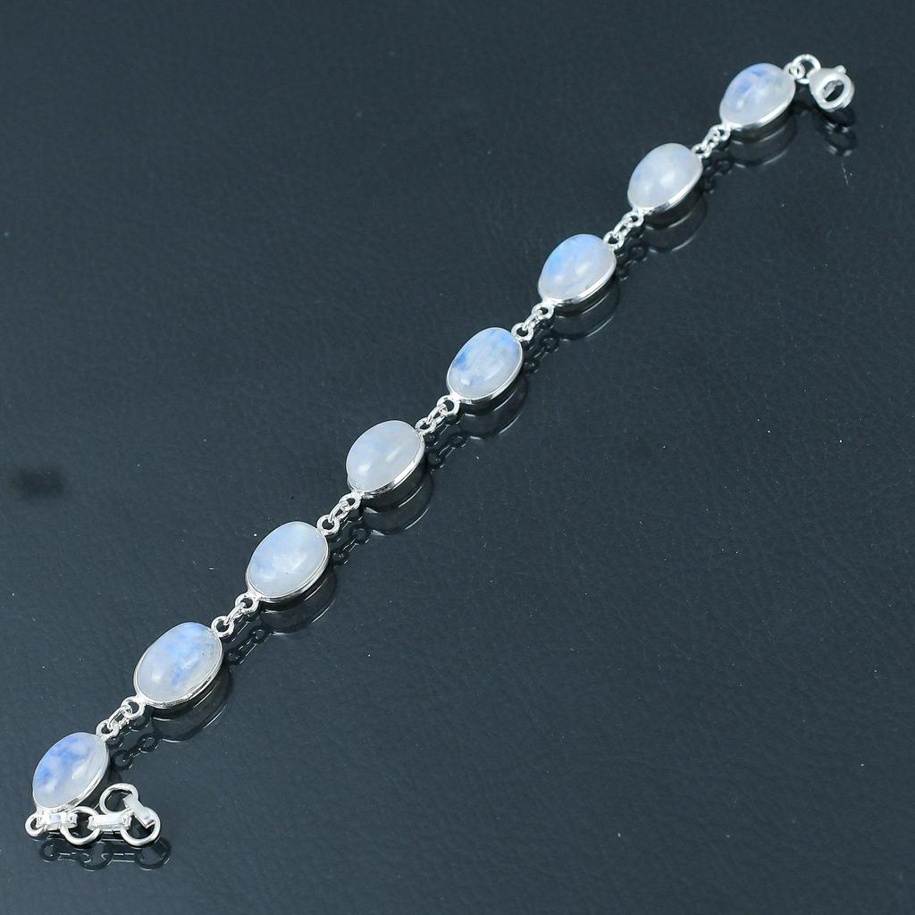 8 x 12 mm natürliches Regenbogen-Mondstein-Armband, 925er Sterlingsilber, ovale Form, Edelstein, handgefertigte Gliederarmbänder, Geschenk zum Valentinstag