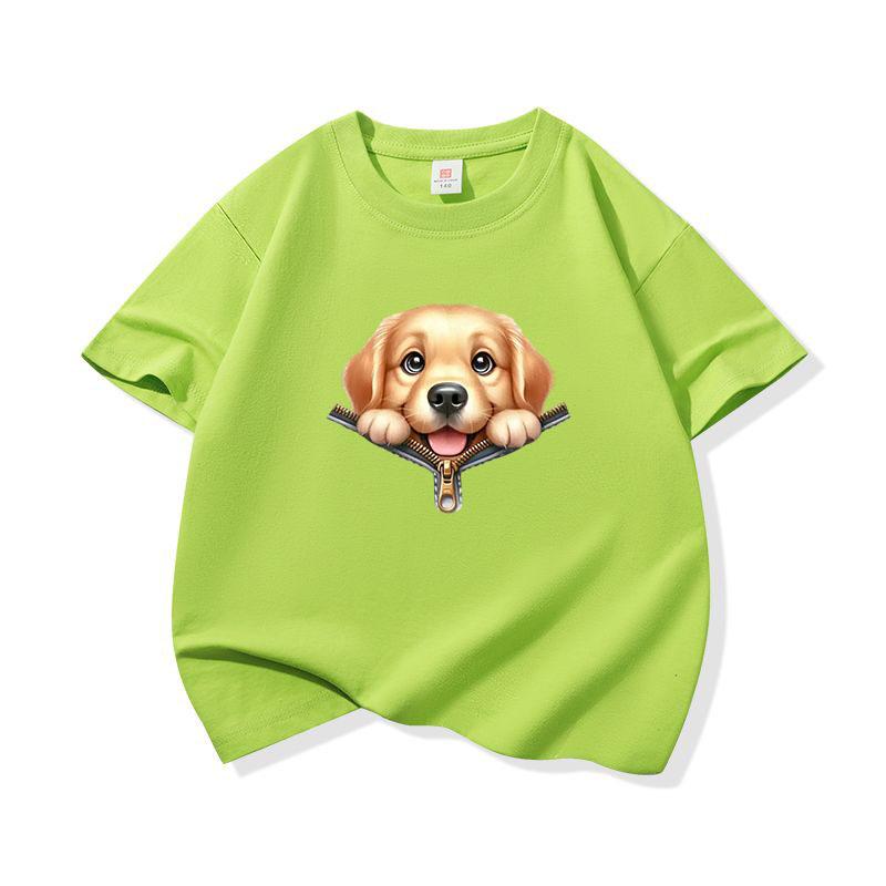 Kids Cotton T Shirt Cute Golden Retriever Zipper Print Crew Neck Short Sleeve Tee Casual Boys Girls Summer Tops