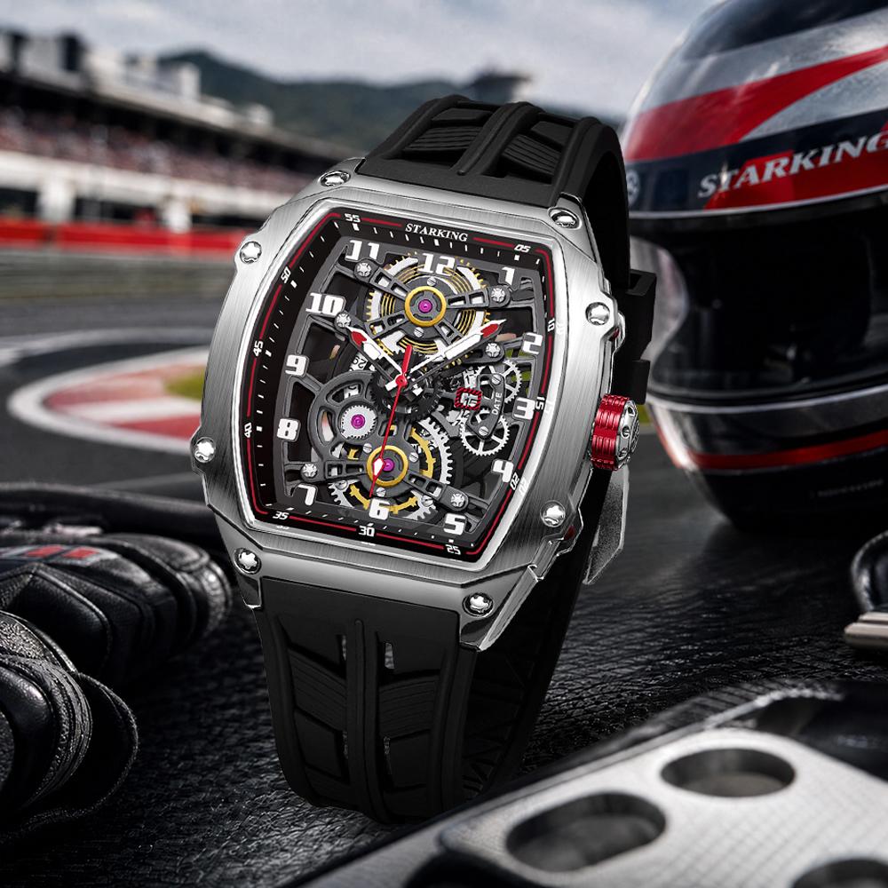 STARKING MIYOTA 6T15 Automatic Mechanical Watch Skeleton Dial Silicone Band Waterproof Luminous Tonneau Design Men's Wristwatch